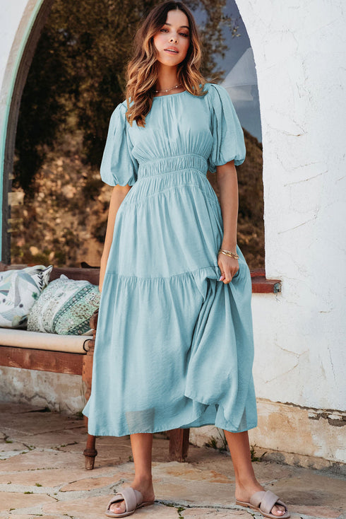 Puff Sleeve Pleated High Waist Flowy Long Dress